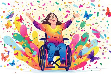 Woman in Wheelchair Surrounded by Colorful Butterflies