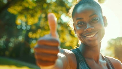 Athletic woman runner exercising outdoors and giving a thumbs up, with her smiling face. Fitness and exercise with success and personal achievement. Reaching a goal and getting to the top