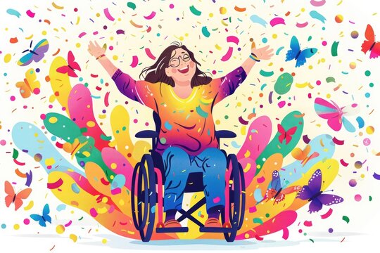 Woman in Wheelchair Surrounded by Colorful Butterflies