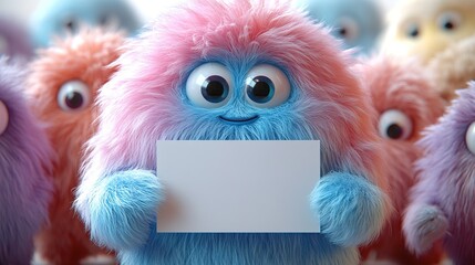 Fototapeta premium 3d rendering colorful hairy yeti holds blank page mockup furry bigfoot toy with empty banner funny monster cartoon character isolate3d on white background