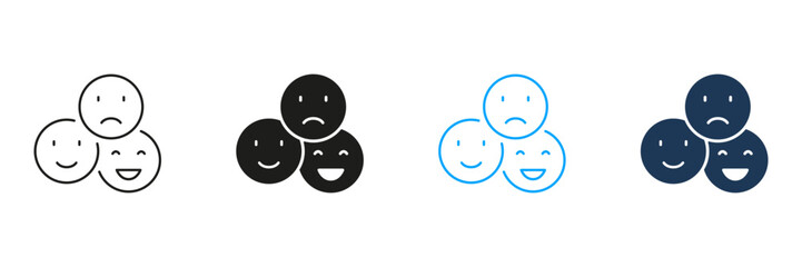 Happy Smile, Positive Face, Sad Emoticon Line and Silhouette Icon Set. Feedback, User Experience Symbol. Emoji Pictogram. Customer Satisfaction Sign. Editable Stroke. Isolated Vector Illustration