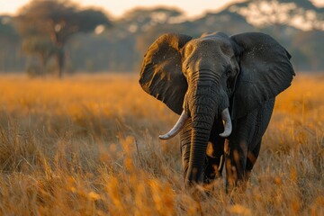 Naklejka premium African Elephant in Golden Savannah at Sunset - Wildlife, Nature, and Conservation
