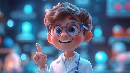3d rendering full height male cartoon character cute doctor wears white coat and glasses shows finger up holds blue clipboard health advice concept smart choice or recommendation metaphor