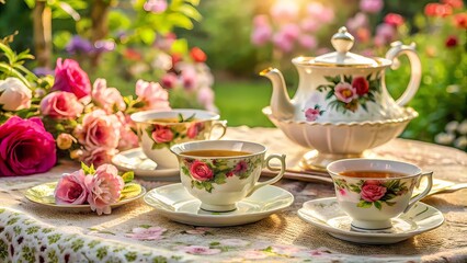 Fototapeta premium Vintage Floral Tea Set in Garden, Sunny Afternoon Tea Party