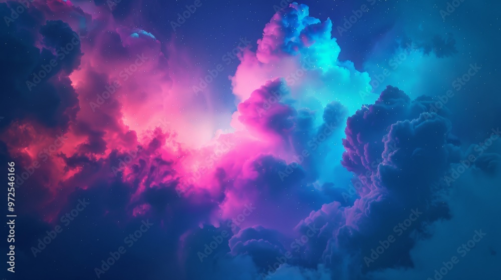 Fototapete a blend of neon colors shines through scattered clouds, creating a mesmerizing and surreal visual ef