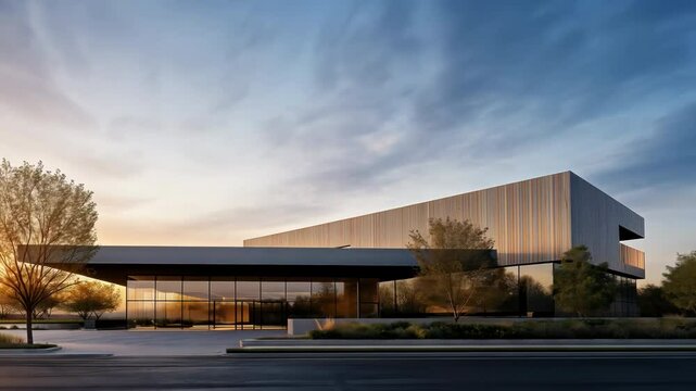 Modern corporate building at dusk, illuminated glass facade. Contemporary office with landscaping under dramatic sky. Innovative business headquarters design