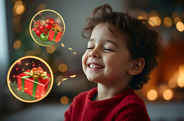 Fototapeta premium Photo portrait of little boy with closed eyes dreaming about gifts, smiling boy, big cartoon drawn circles with gifts inside, circles flying around boy's head, red wool sweater, curly hair, festive