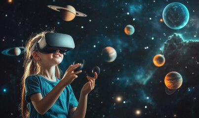 A child using virtual reality technology to explore space, planets, and stars with excitement and wonder