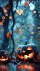 Naklejka premium Eerie illustration of halloween day with bokeh and blur background. Premium illustration for banners, posters, greetings and Halloween celebrations.