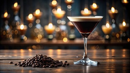 Espresso Martini with Coffee Beans and Candlelit Background