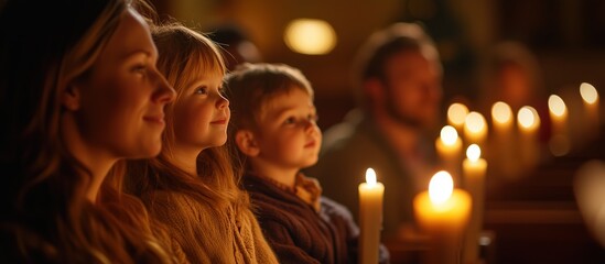 A family attending a Christmas Eve service, illuminated by the warm glow of candlelight in a peaceful church setting.