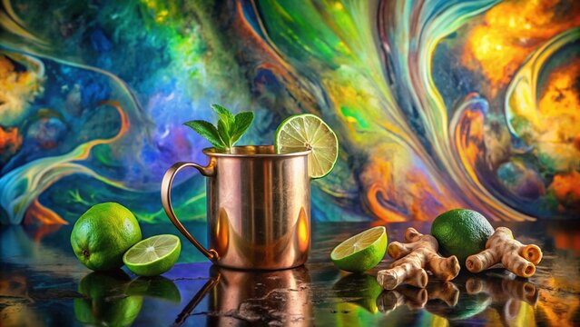 Moscow mule in copper mug with lime and ginger against abstract colorful background