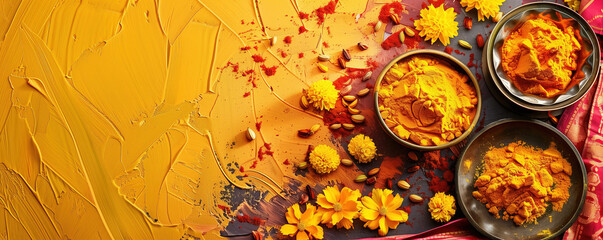 Festive Indian offerings and orange spices in bowls on yellow textured surface decorated yellow...