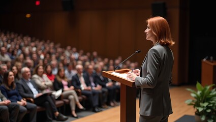 Confident woman in grey suit giving speech on stage