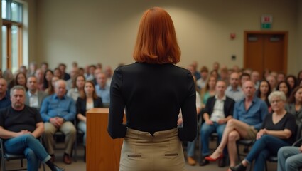 Fototapeta premium Confident young woman speaking at workshop podium to attentive audience