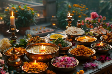 Fototapeta premium Traditional festive dishes of India, offerings on surface, decorated with flowers, candles and spices. Indian festival setting, served table, authentic culinary cultural celebration