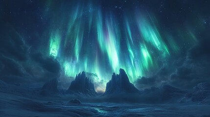 digital illustration of natural phenomenon background with aurora borealis northern lights in polar night sky cotton clouds geomagnetic miracle wonder of nature