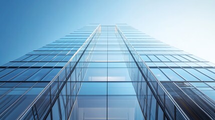 Low angle view of a modern glass skyscraper reaching for the blue sky.