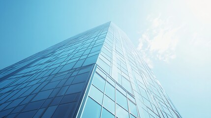 Obraz premium Low angle view of a modern skyscraper reaching towards a bright blue sky.