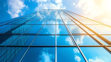 A modern skyscraper with reflective glass windows, reflecting the blue sky and white clouds.