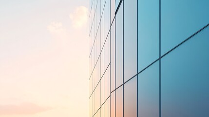 Fototapeta premium Close-up of a modern building facade with glass panels reflecting a colorful sunset sky.