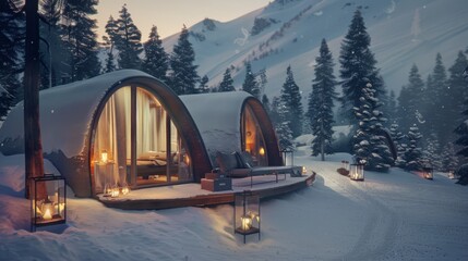 Modern cozy cabins with large windows offer warm ambiance amidst a snowy forest, illuminated by gentle lantern light and surrounded by snow-covered landscape.
