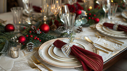 Festive Christmas Table with Gold-Rimmed Dishes and Candle Centerpiece