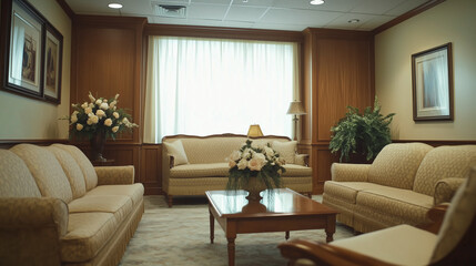 Quiet Funeral Home Sitting Room with Comfortable Sofas and Floral Arrangements