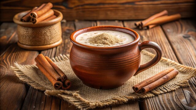 Traditional Mexican atole drink in a rustic clay mug with cinnamon sticks
