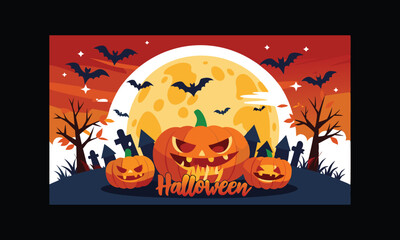 Vector Halloween Scene with Large Full Moon.