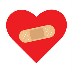 Red Heart fixed with a plaster patch, vector illustration icon or logo, fixed broken heart concept, breakup or divorce, heartbreak regret, separated couple, tragic love.