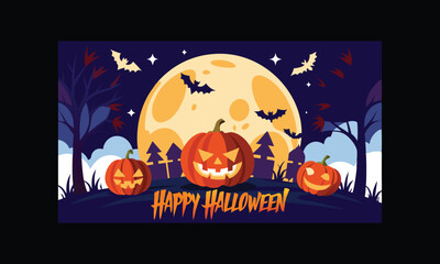 Vector Halloween Scene with Large Full Moon.