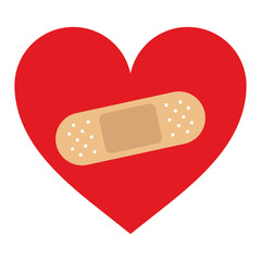 Red Heart fixed with a plaster patch, vector illustration icon or logo, fixed broken heart concept, breakup or divorce, heartbreak regret, separated couple, tragic love.