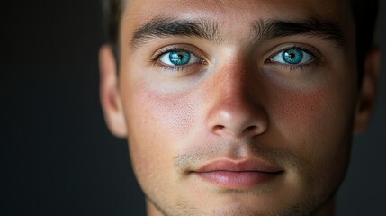Obraz premium Close up portrait of a young man with blue eyes looking directly at the camera.