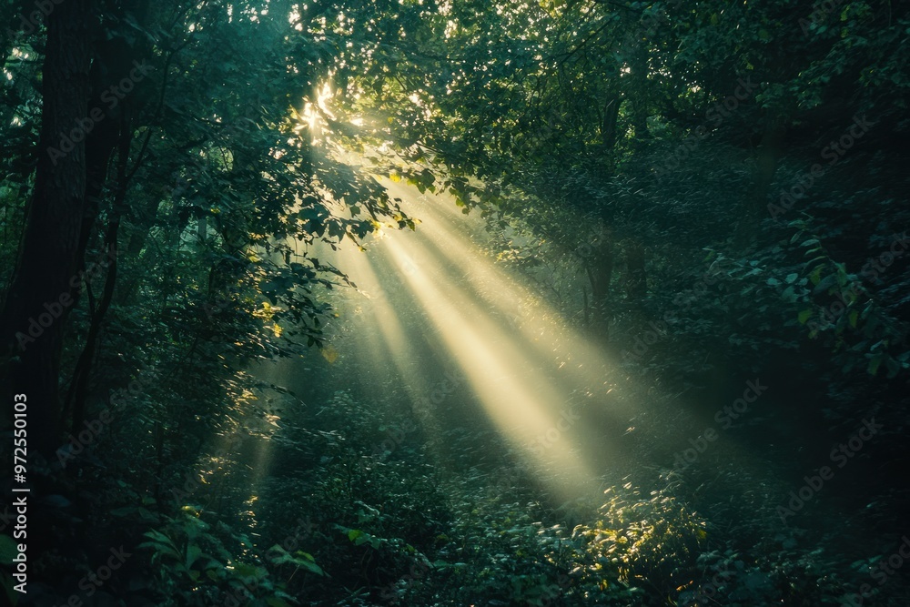 Canvas Prints Sunlight streams through a dense forest, creating a serene and tranquil atmosphere.