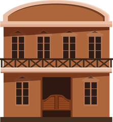 Wild west saloon building facade with balcony and swinging doors, flat style