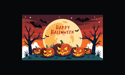 Vector Halloween Scene with Large Full Moon.