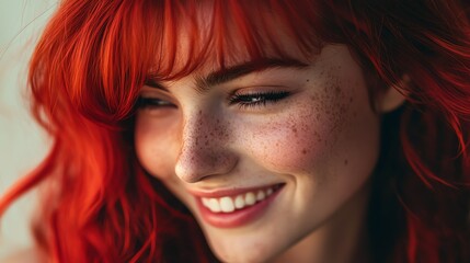 Close up portrait of a young woman with red hair and freckles smiling.