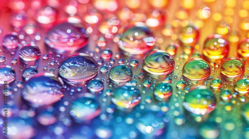 Poster a close-up of water droplets on a vibrant multicolored surface reflecting a range of bright hues in 