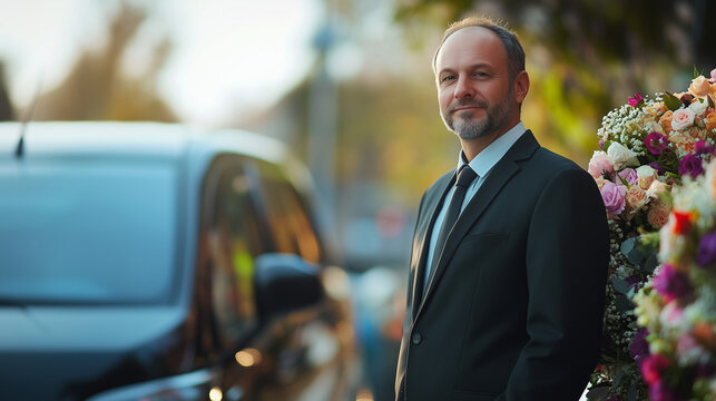Man in formal attire standing beside a funeral hearse with floral arrangement, peaceful atmosphere