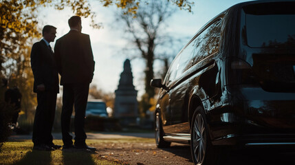 Mourners standing beside a black hearse at a cemetery during a funeral service