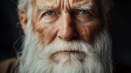 Close up portrait of an elderly man with a long white beard, looking directly at the camera.