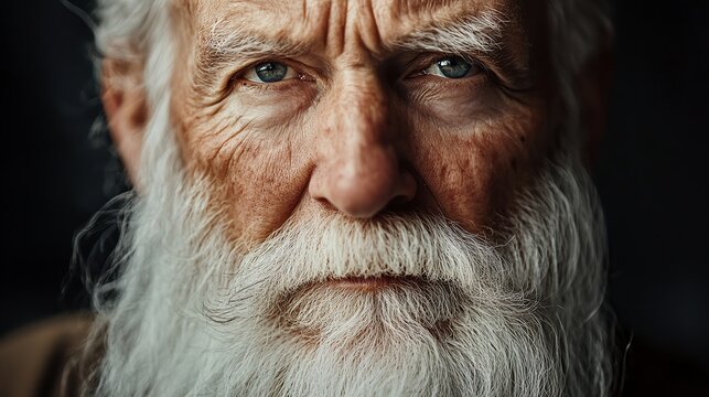 Close up portrait of an elderly man with a long white beard, looking directly at the camera.