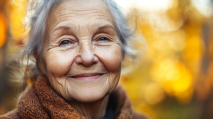 Portrait of an elderly woman with grey hair smiling at the camera.