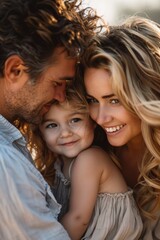 Obraz premium Happy Family Outdoors: Smiling Parents and Child Enjoying Sunset in Nature