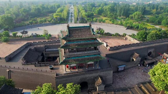 Chinese ancient pagoda in Pingyao ancient walled village. Aerial orbit
