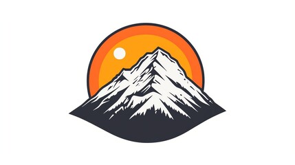 Mountain silhouette with an orange sun behind it.