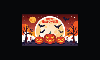 Vector Halloween Scene with Large Full Moon.