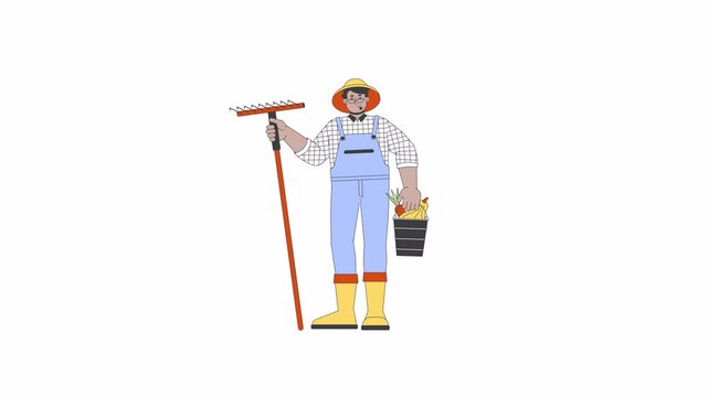 Happy arab farmer with vegetables bucket and rake 2D character animation. Countryside lifestyle cartoon 4K video, alpha channel. Middle eastern male working at farm animated person on white background
