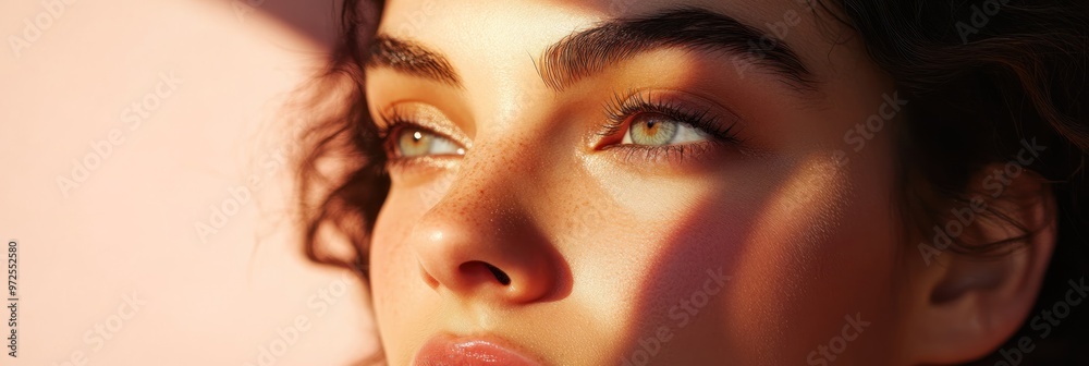 Canvas Prints A close-up of a person's face with striking green eyes and soft lighting.